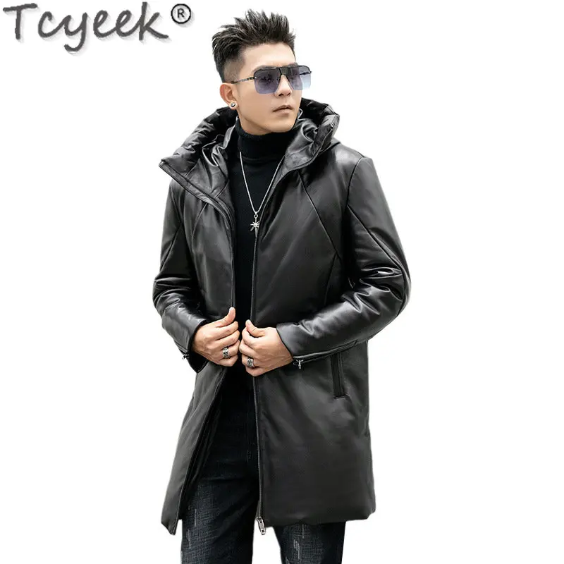 Tcyeek Winter Genuine Leather Down Coat Men Clothing Thicken Casual Sheepskin Coats for Man Mid-length Hooded Puffer Jacket 2023