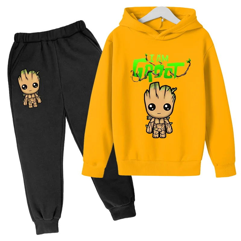 Kawaii Baby Groot Print Hoodie Children's Fashion Street Hoodie+Pants Suit Casual Jogging Sweatshirt  I Am Groot Funny Cartoon G