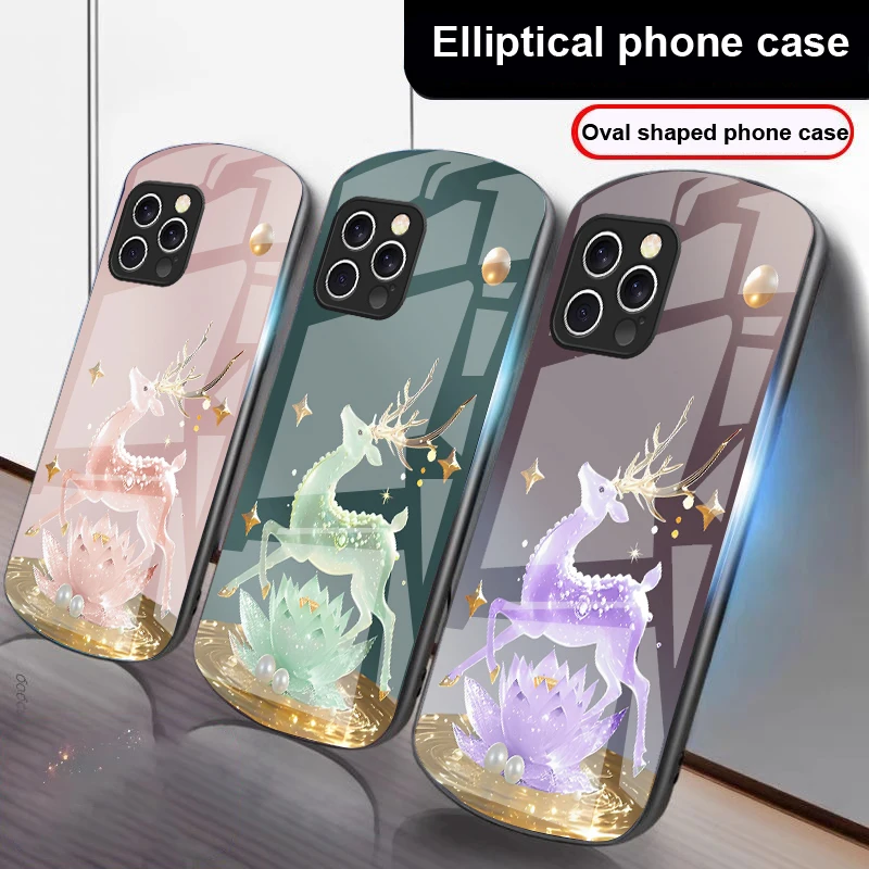 حالمة الفضة لوتس الغزلان آيفون 16 15 14 13 زائد 12 mini 11 Pro Max XR Xs Max X 7 8 6S 2022 20 جراب هاتف زجاجي بيضاوي الشكل