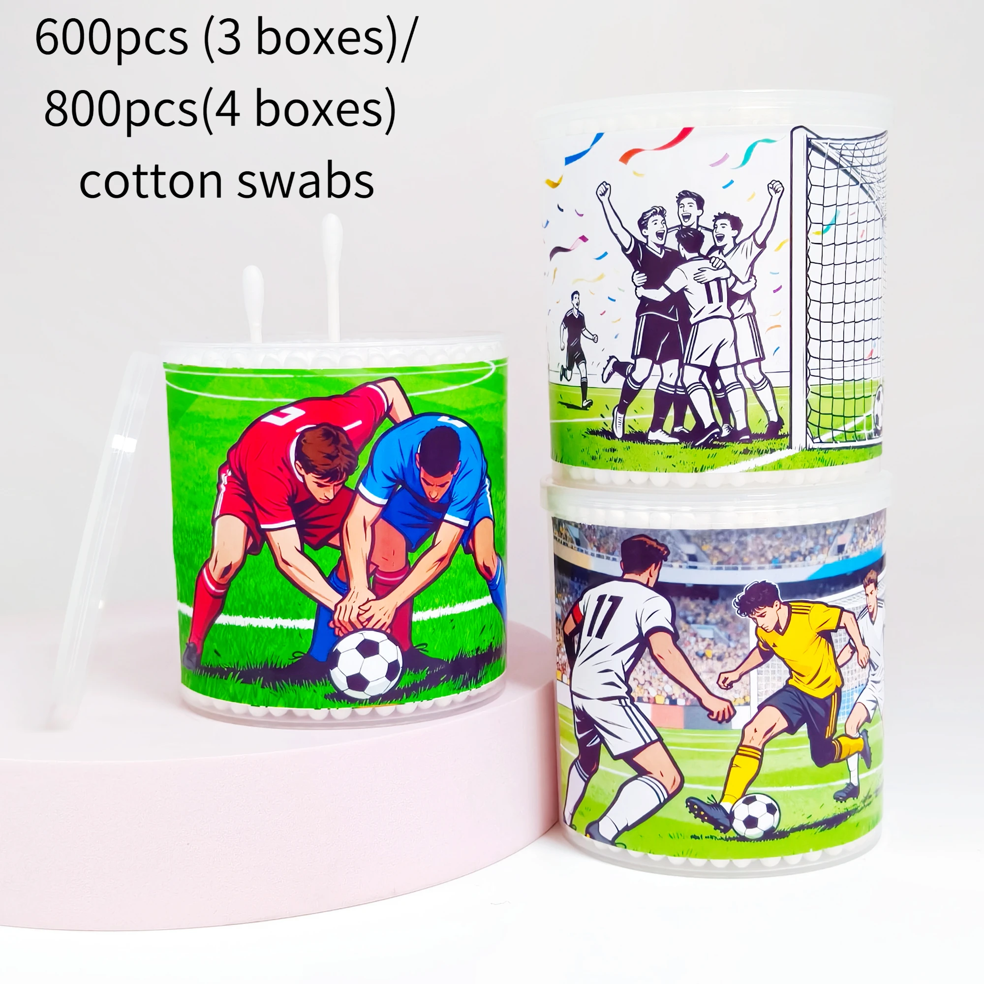 600 قطعة/800 قطعة من أعواد القطن بنمط موضوع كرة القدم، أنبوب أبيض، أعواد قطنية مزدوجة الأطراف #2
