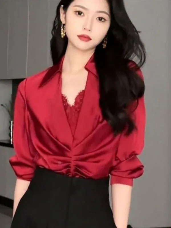 

Fashionable Patchwork V-Neck Shirt 2025 New Women's Spring High-End Elegant Luxury Worktop Long Sleeve Polyester Fiber
