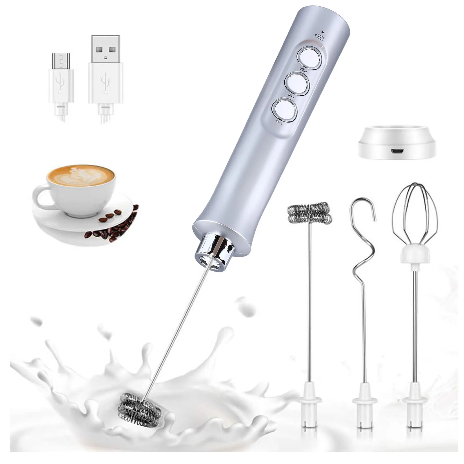 Handheld Milk Frother Foam Maker Powerful High Speed Rotation USB Rechargeable Whisk Drink Mixer for Coffee Matcha