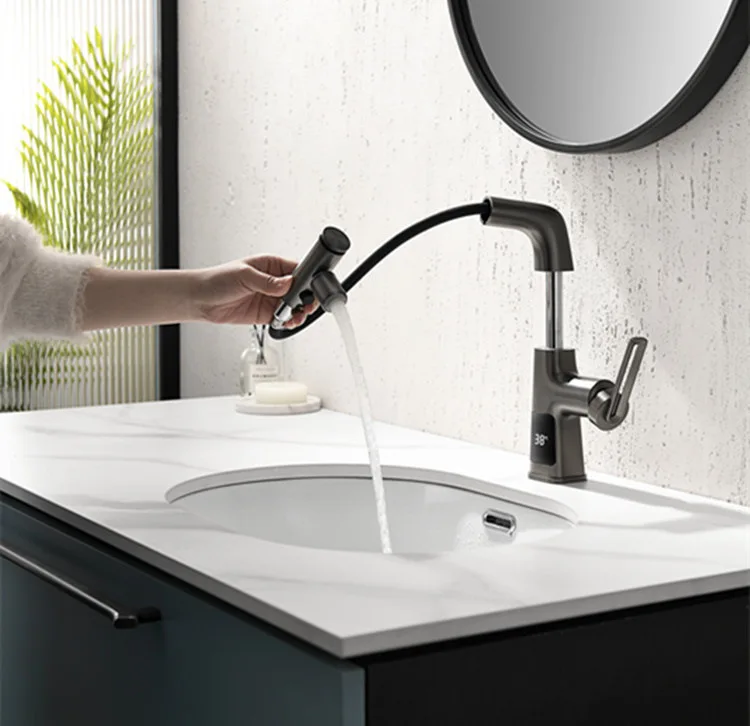 

Digital Display Pulling Basin Faucet Imitation Splashing Water Lift