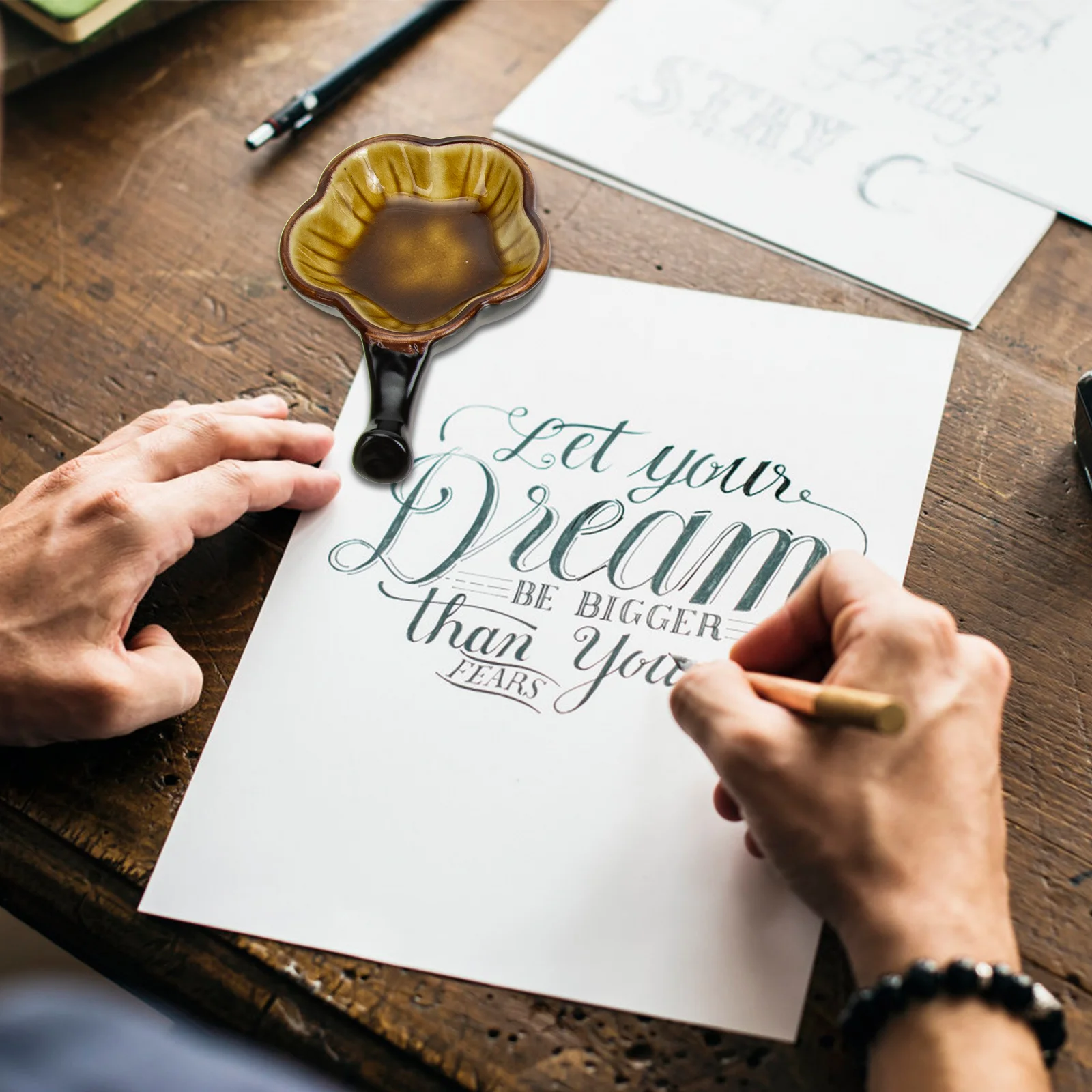 6개 세라믹 잉크 접시 수미 붓 세척기 다기능 펜 홀더 예술가용 캘리그래피 도구