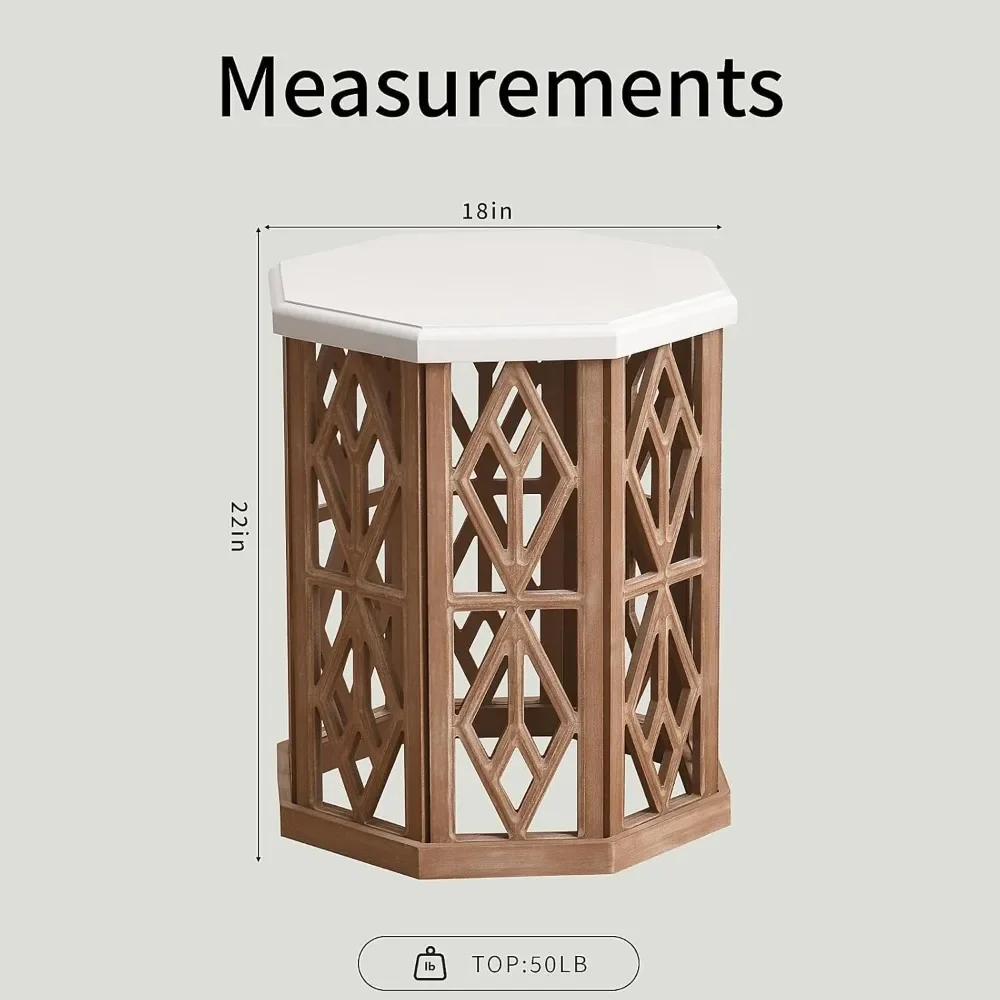 Farmhouse Octagonal End Table Set of 2 with Diamond Wood Frame and Smooth White Top, Modern Small Side Table for Living Room