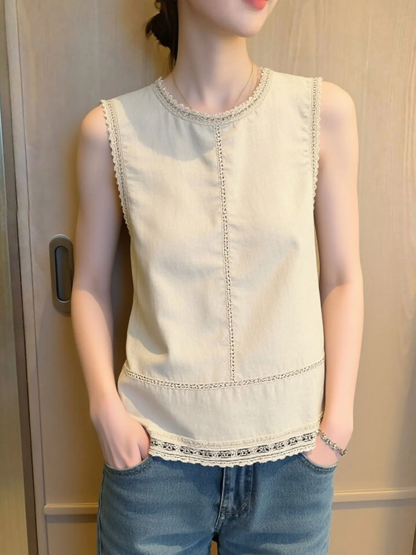 Ele Lace Trim round Ne Svel Vest Women's Base Layer irt Spring Commute Korean Sle Regular Fit Medium Softn