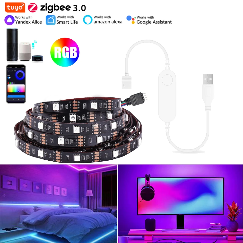 

Светодиодная лента Zigbee USB 5V RGB с управлением через приложение Tuya Smart Life, светодиоды 5050, совместима с Alexa, Google Home, подсветка для телевизора, 2м, 3м, 5м