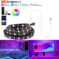 Zigbee USB 5V RGB LED Strip Light Tuya Smart Life APP Control  5050 Lamp Work With  Alexa Google Home TV Back Lighting 2m 3m 5m