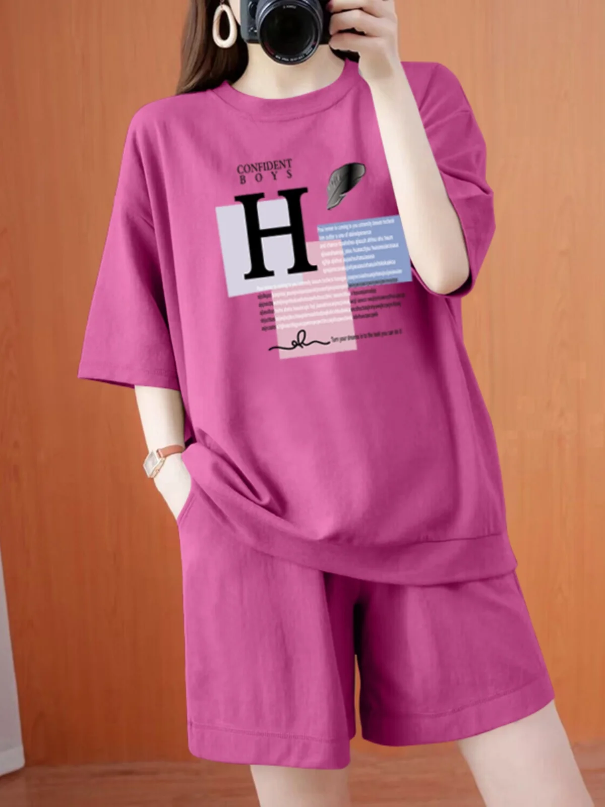 

plus Size Women's Pure Cotton Loose Casual Sports Set Summer 2026 New Pink Short Sleeve Shorts Two Piece Set Fashionable Comm...