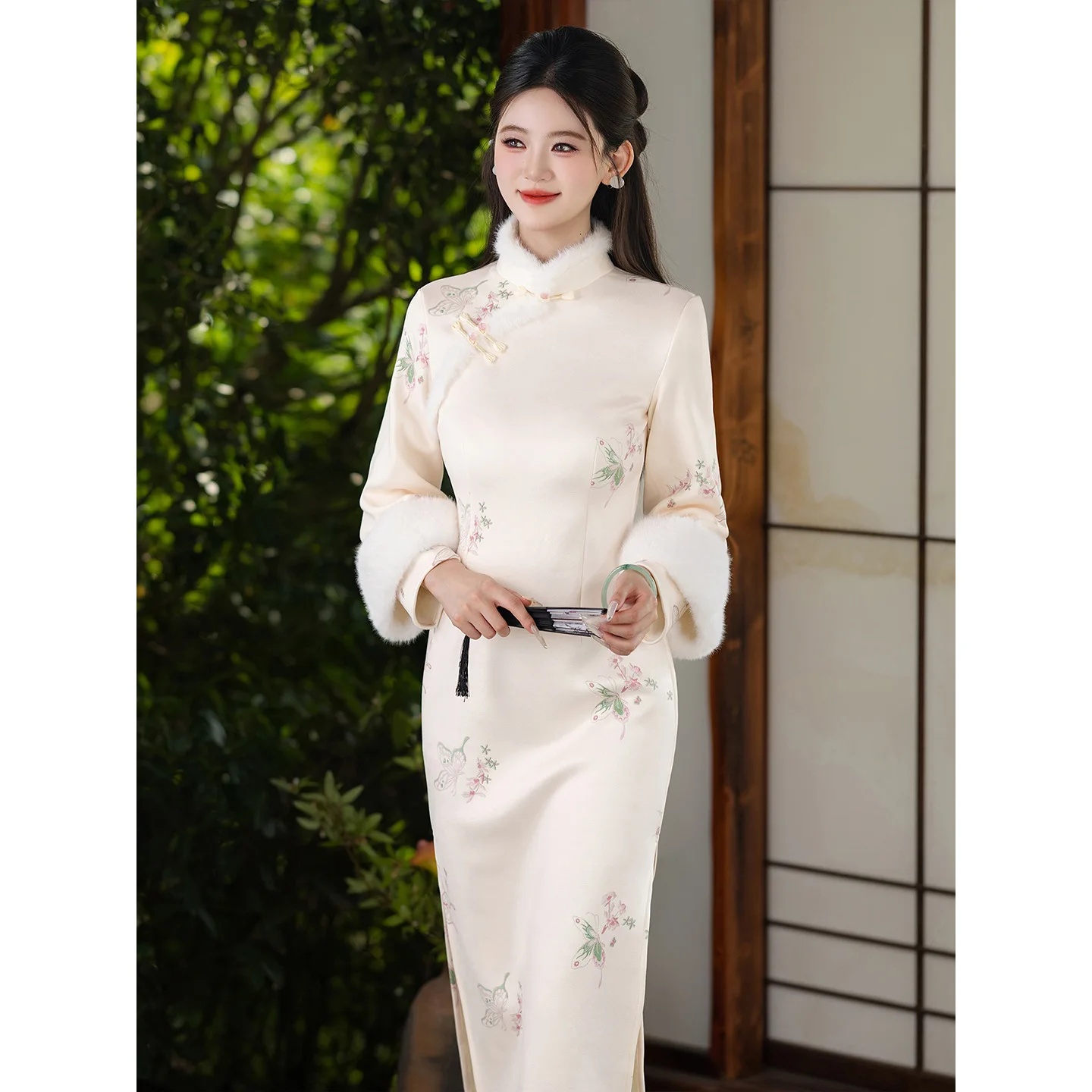 Yourqipao البيج الشتاء الصينية شيونغسام المرأة الجديدة 2025 جديد الراقية الجلد المدبوغ المطرزة المخملية تشيباو تنورة #3