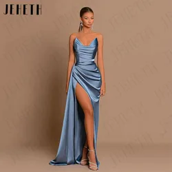 JEHETH-vestidos de noche con abertura lateral azul sirena, vestido Formal de satén, hasta el suelo, fiesta de noche Sexy, vestidos de cóctel de gala Sirena Azul Abertura Lateral Vestidos de Noche Formal  Prom Satin Flo