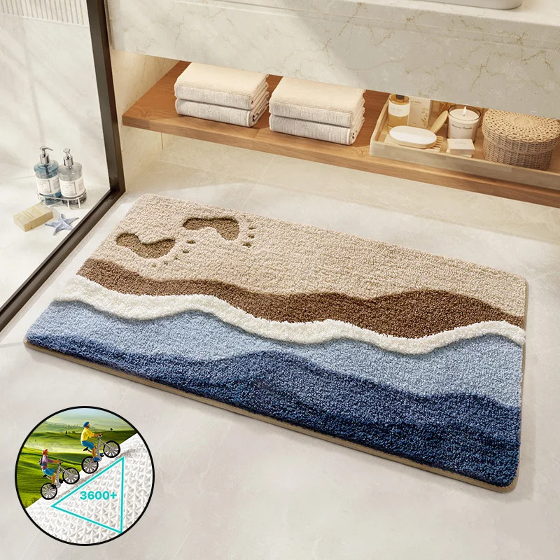 Aesthetic Light Luxury Carpet Wave Blue Ocean Bathroom Bedside Rug Non-slip Comfortable Soft Plush Floor Mat Home Decor Door Mat