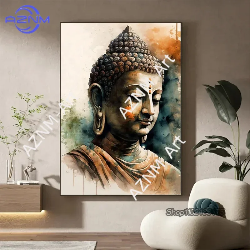Spiritual Buddha Statue Meditation Golden Buddha Canvas Pain