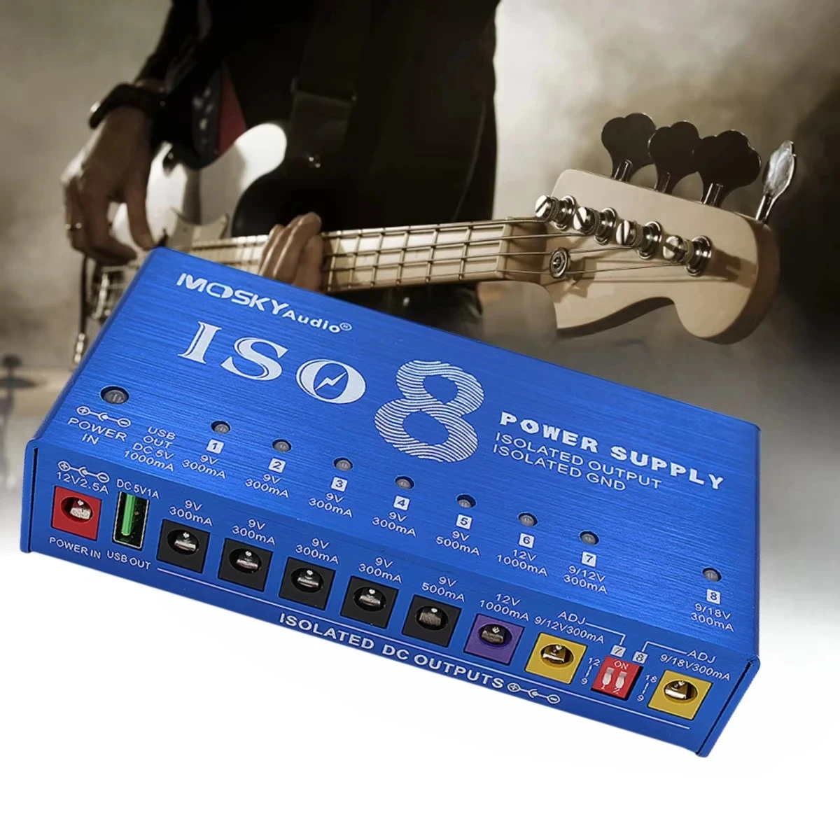 Mosky ISO-8 Pedal Power Supply 8 Isolated Outputs +5V USB 9V/12V/18V Switchable 9-Channel Independent Protection for Guitarist