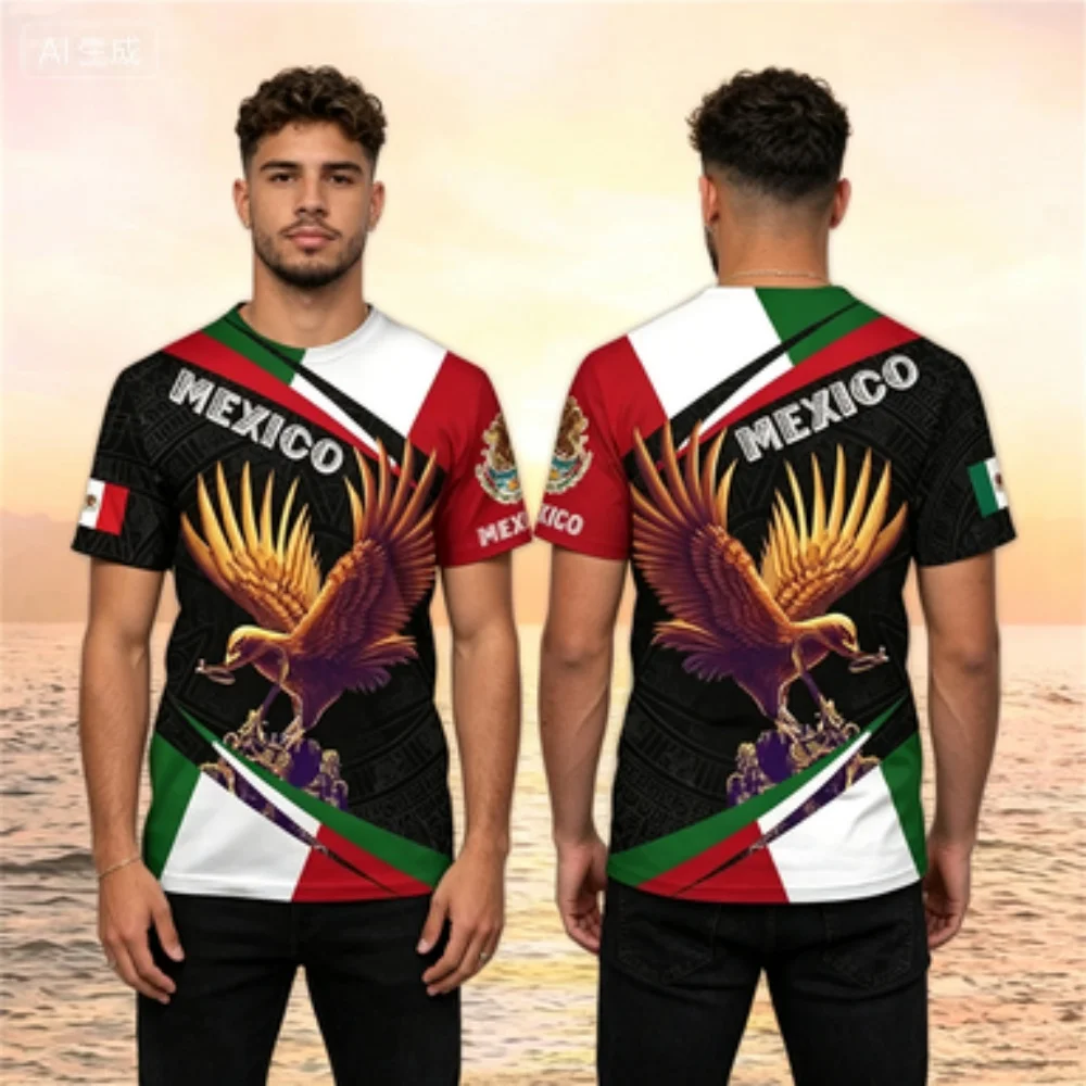 Mexico National Element Printed Short-sleeve T-shirt Round Neck Casual For Daily & Sports Wear Show Unique Cultural Style