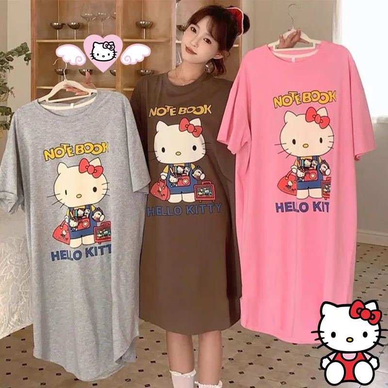 

Large Size Women's Hello Kittys Pajamas Anime Sanrios Thin Loungewear Summer Cute Cartoon Short Sleeve Pajamas Girl Nightgown