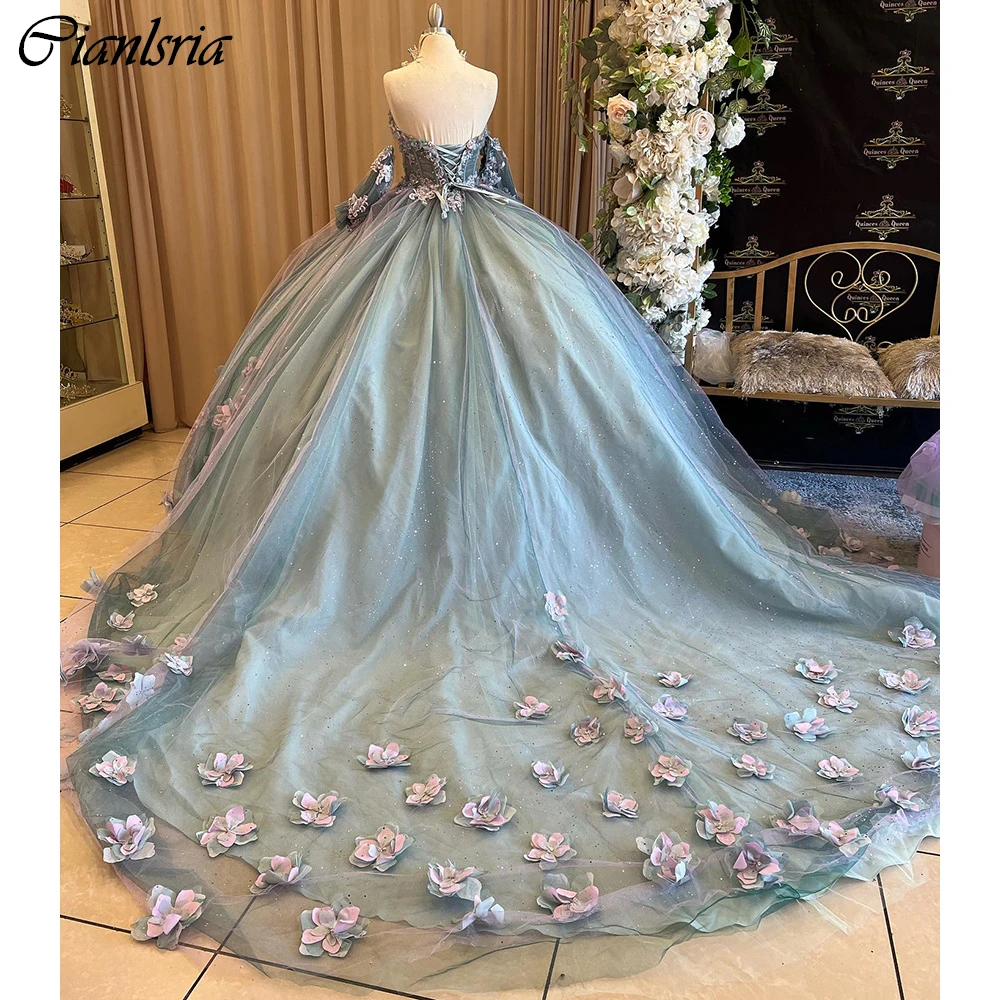 Hunter-vestido De baile De quinceañera con apliques De cuentas, verde, manga desmontable, corsé De flores 3D, 15 Años