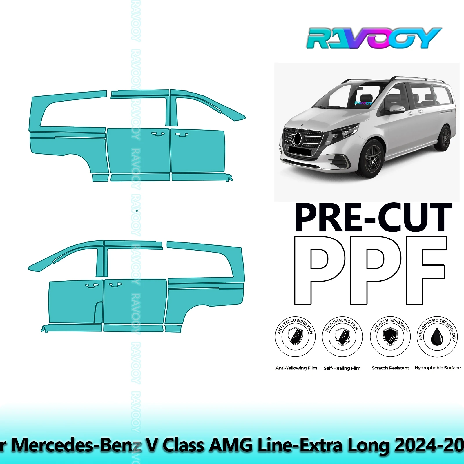 

For Mercedes-Benz V Class AMG Line-Extra Long 2024-2025 8.5mil Pre-Cut PPF Door & A/B Pillar Kit TPU Paint Protection Film Set