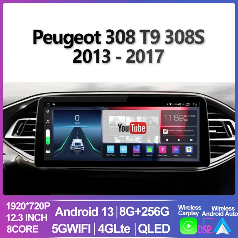 Dla Peugeot 308 T9 308S 2013 - 2017 12.3 calowy ekran radiowy samochodowy odtwarzacz wideo Android Stereo 13 GPS multimedialny jednostka główna