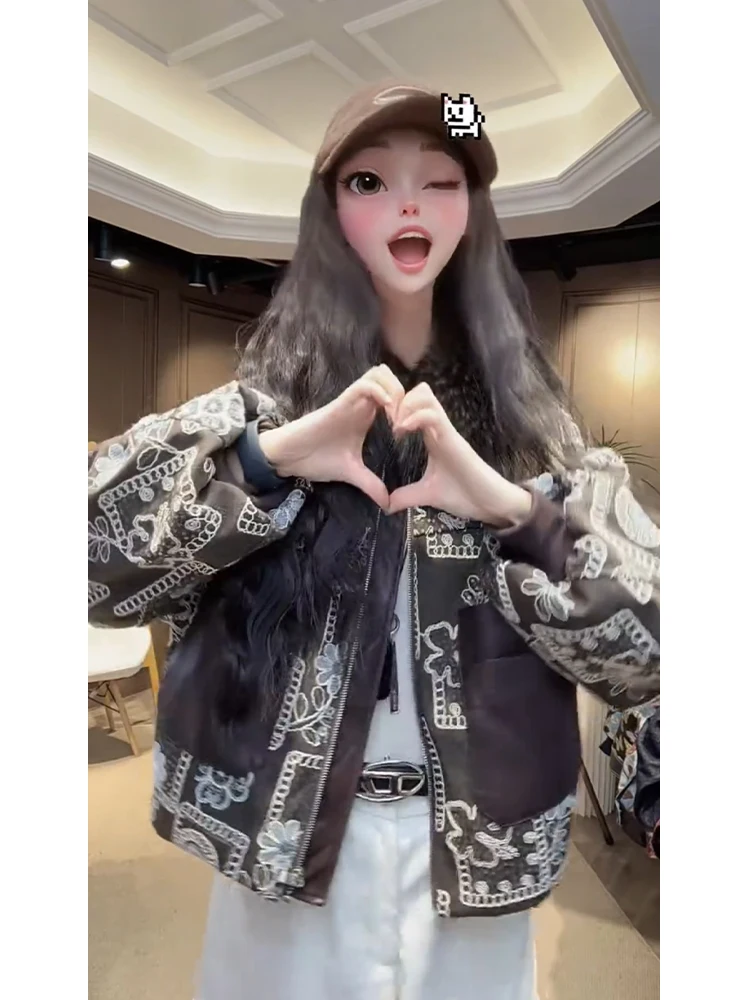 Damska, codzienna, bawełniana kurtka z ociepleniem, patchworkowa, zimowa, ciepła, rekreacyjna, zapinana na zamek, z kwiatowym wzorem.