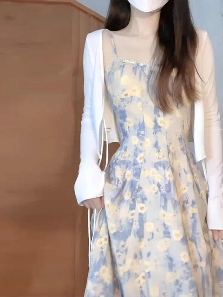 

Elegant Floral Print Halter Dress Women's Summer 2026 New Beach Vacation Fairy Tale Two-Piece Set Korean Style Long Sleeve