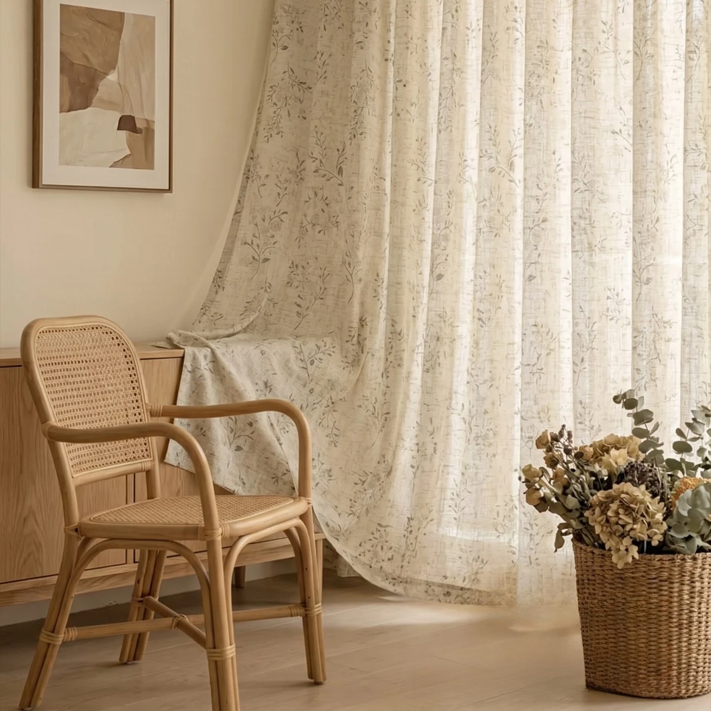 Japanese Style Linen Small Floral Pastoral Style Cotton and Linen Sheer Custom Size Curtains for Living Dining Room Bedroom