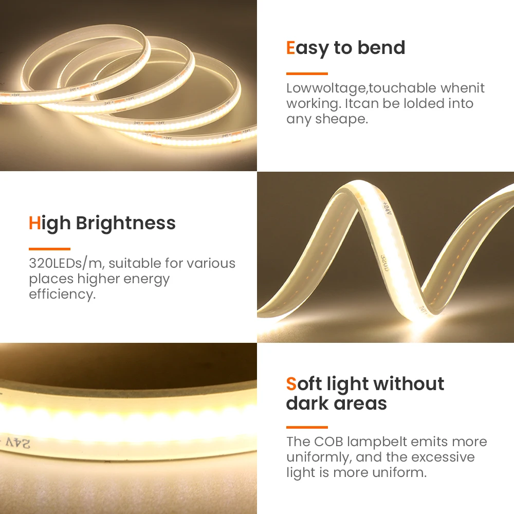 IP68 Waterproof COB LED Strip Light 12V 24V Flexible Tape Led Ribbon for Room 320LEDs/m High Density High Bright Linear Lighting