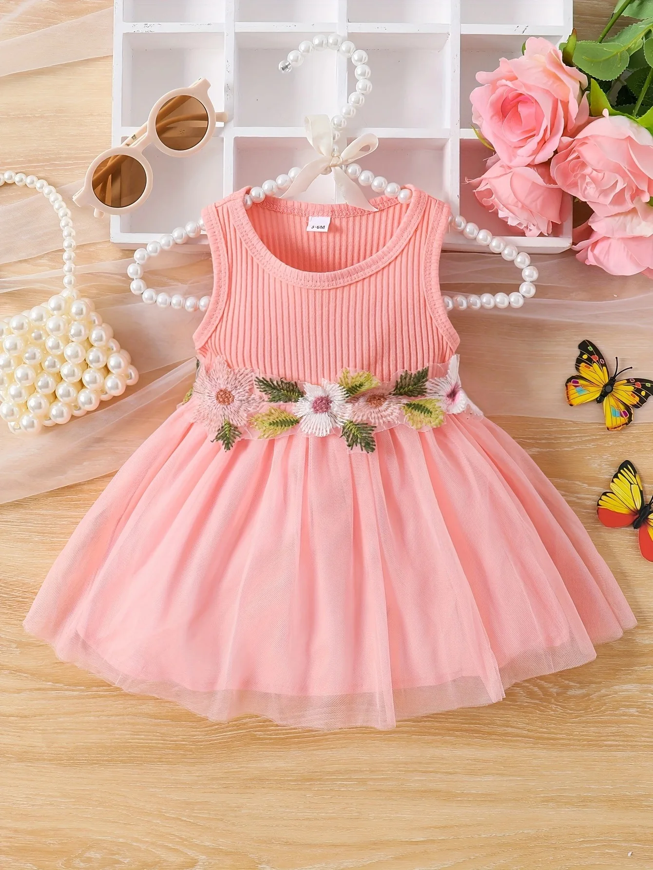 Baby and toddler girls summer sleeveless waist flower patchwork mesh sweet dress