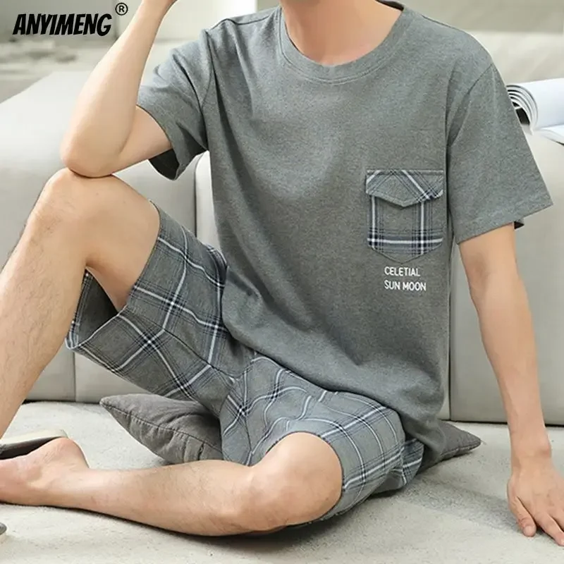 Men Pajamas Set Summer Cotton L-5XL Casual Sleepwear Minimalist Style Shorts Leisure Homewear Fashion Boys Nightwear Pijamas