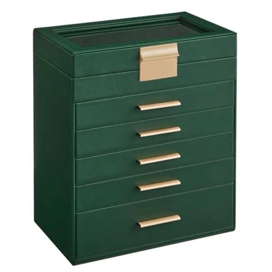 

GISELLA Collection - Jewelry Box Organizer Jewelry Storage with 5 Drawers Shiny Metal Hardware Glass Lid Modern 6.4 x 9.9 x 11.