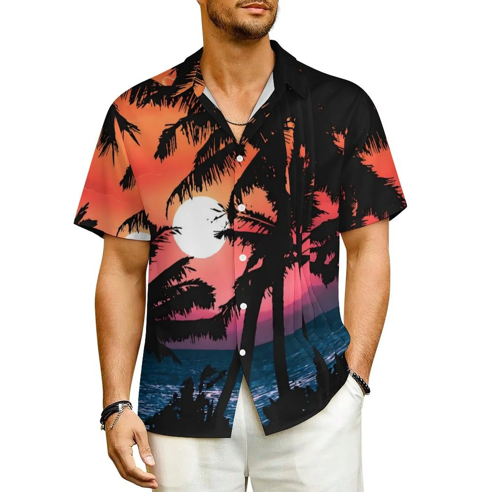 

Summer Palm Trees Beach Shirt Men Tropical Sunset Elegant Casual Shirts Hawaiian Short-Sleeve Comfortable Plus Size Blouses Gift