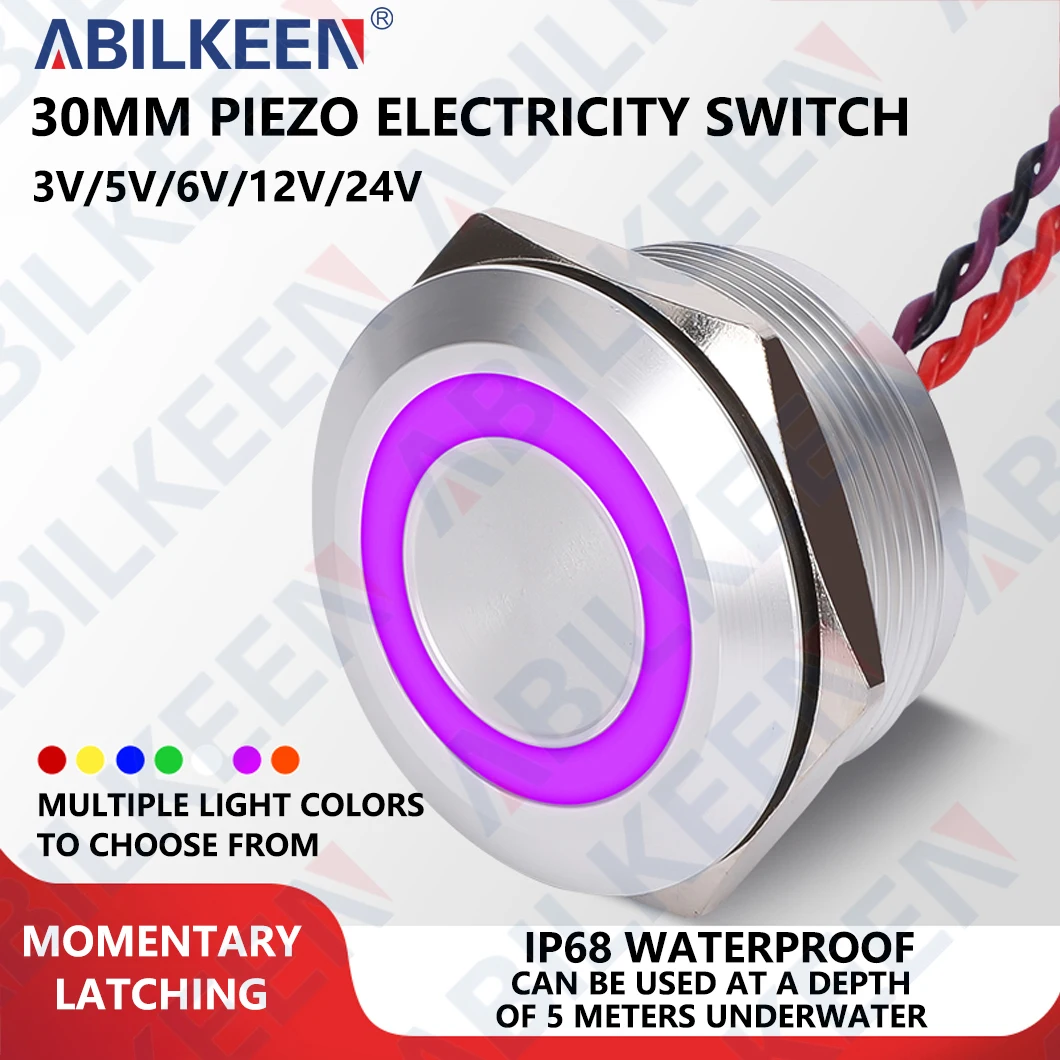 

30-мм пьезоэлектрический переключатель из нержавеющей стали 304, 1НО, мгновенного/фиксированного действия, IP68, водонепроницаемый, с LED-подсветкой, сенсорный, чувствительный к давлению