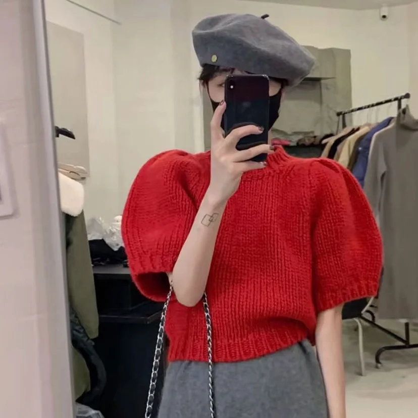 Red Puffed Sleeve Sweater Women\'s Spring and Autumn New Short Sleeve Knitwear Short Fashion Top Loose Sweater Women Pullover