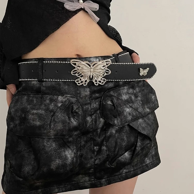 

Women PU Belt Butterfly Buckle Waist Belt Subculture Pin Buckle Waistband Punk Y2K Jeans Pants Belt Hot Girl Accessories