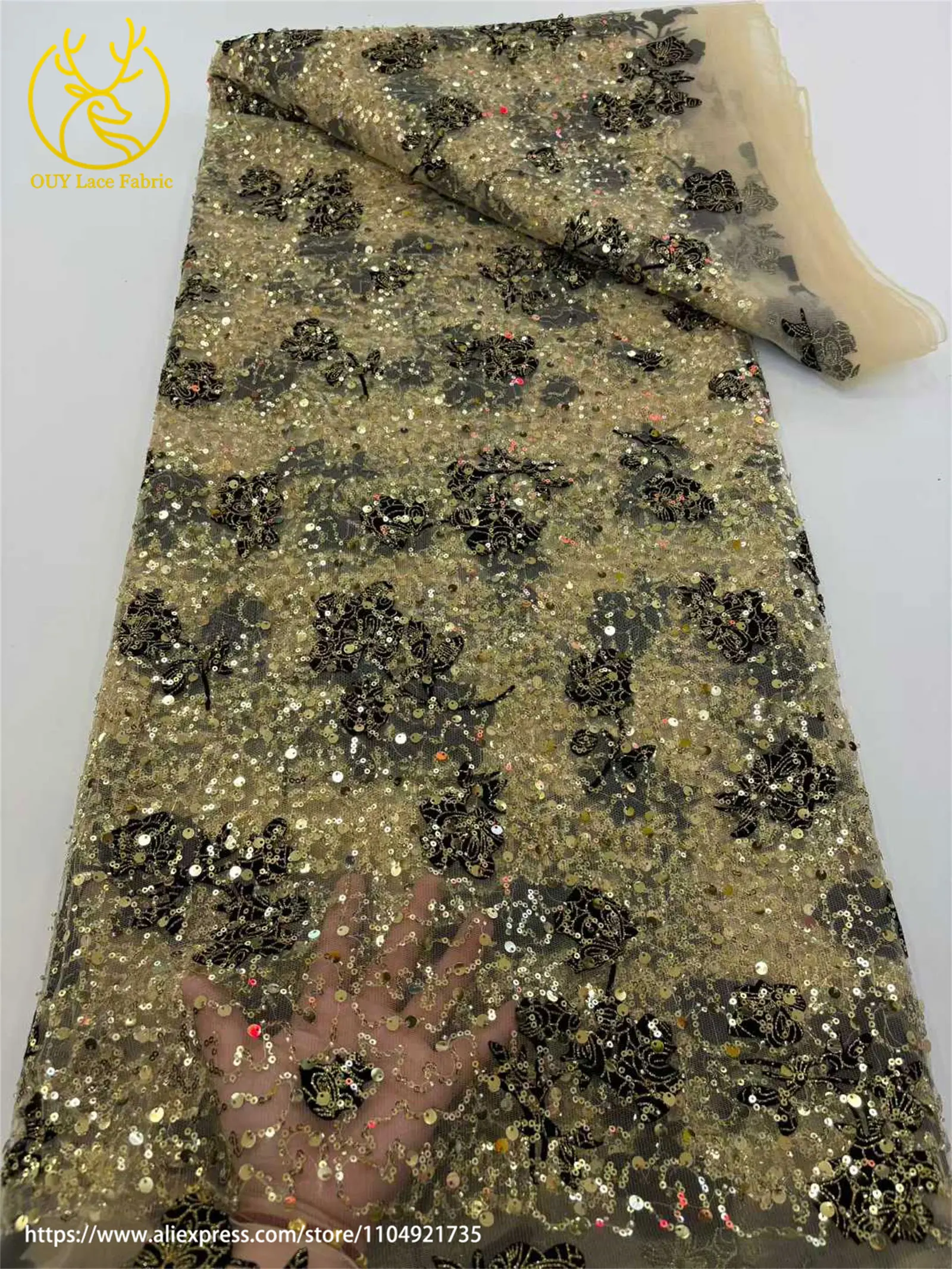 Afrikanischer Pailletten-Spitzenstoff, 2025, hochwertige Bräutigam-Stickerei, französischer nigerianischer orangefarbener Tüll-Spitze, Material für Hochzeit, Party, Kleid – Detail 10