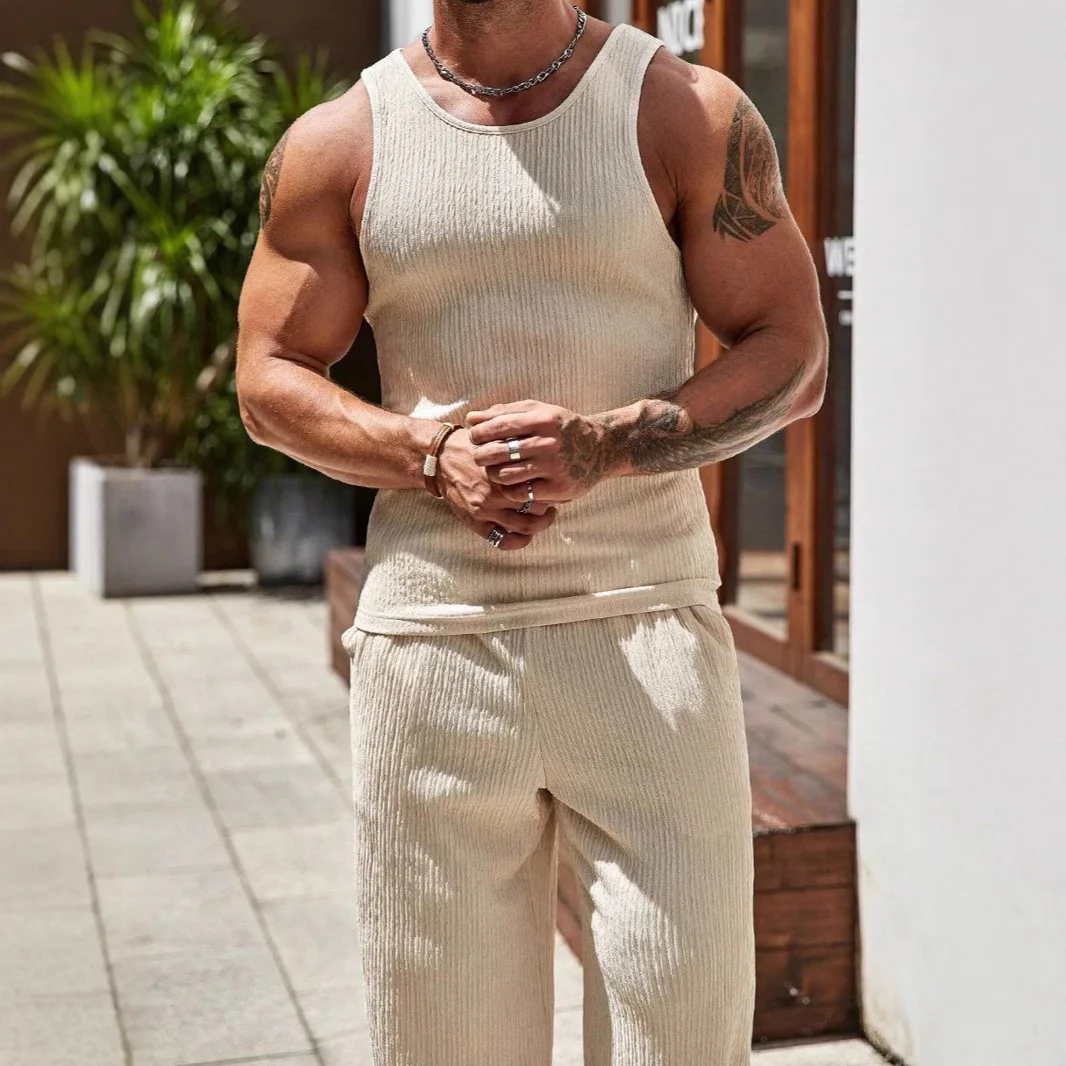 2026 Spring Summer Men's Slim Fit Tank Top Gym Vest Set Sport Suit Tracksuit Bodybuilding Muscle Tops Blouse view 2
