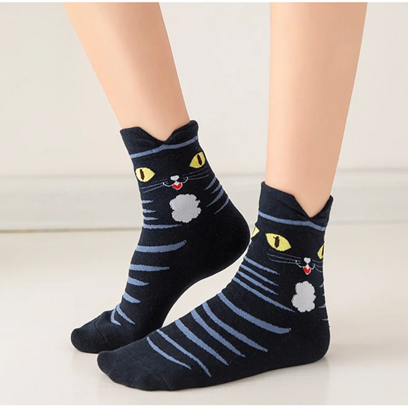 New Autumn Winter Warm Cute Cat Ear Socks Cartoon Animals Patterns Funny Socks Women\'s Pure Cotton Cat Eye Middle Tube Sock