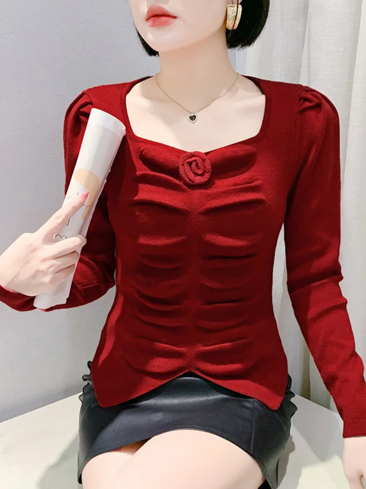 Sweater Women's 2025 Autumn And Winter New V-Neck Pleated Pullover Knitted Sweater Slim Fit Split Top Long Sleeved Base Shirt