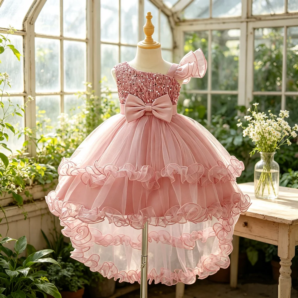 Girls dresses princess dresses party birthday costumes Bow performance outfit piano performance cakes mesh children's dresses