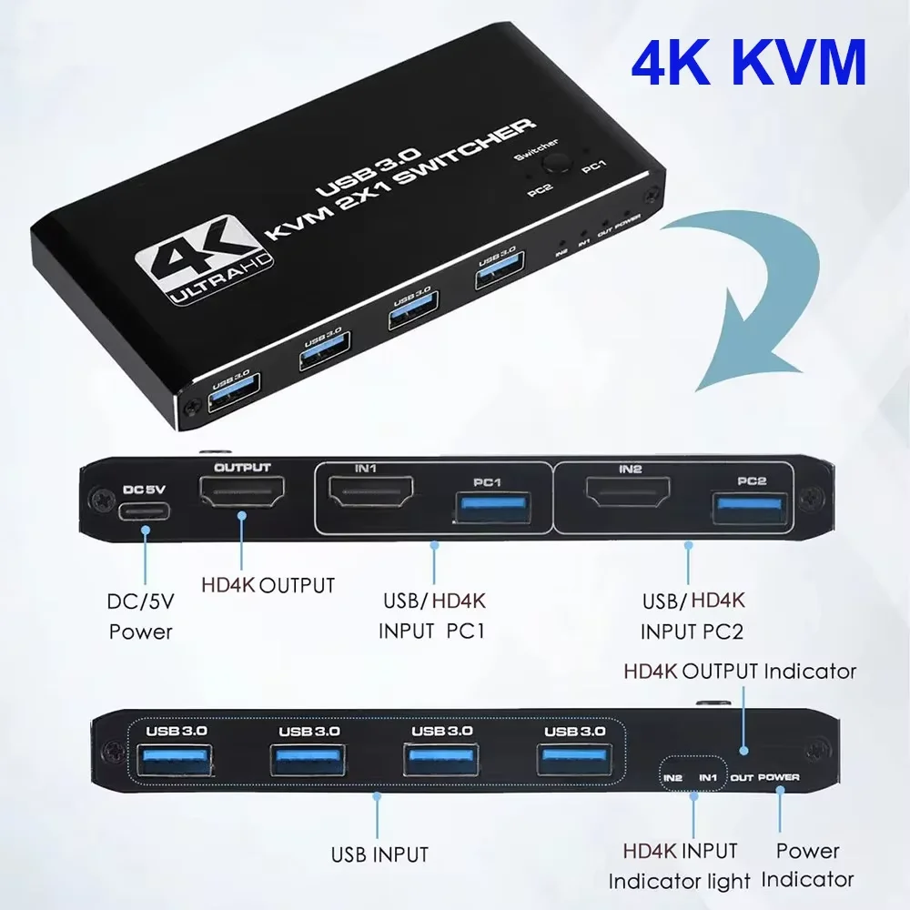 

Переключатель USB 3.0 KVM 2x1 с пультом дистанционного управления для 2 компьютеров Поделиться 1 HDMI-совместимый монитор и клавиатура/мышь/принтер (4 периферии USB)