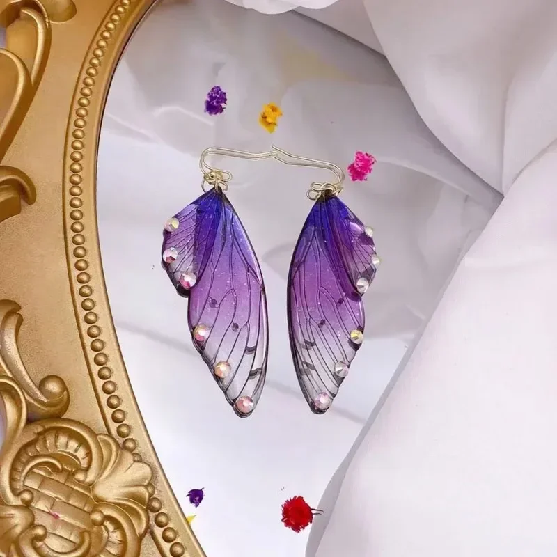 Gradient Color Women Earring Beautiful Silver Cicada Wings Earhook Colorful Large Butterfly Temperament Immortal Dangle Earrings