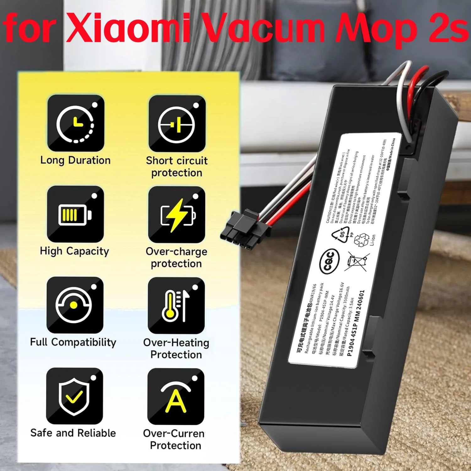 

3500mAh 14.8V Replacement Battery for Xiaomi Mop, Mop 2s, Mop Pro, STYTJ02YM, Battery for Xiaomi Robot Vacumm.