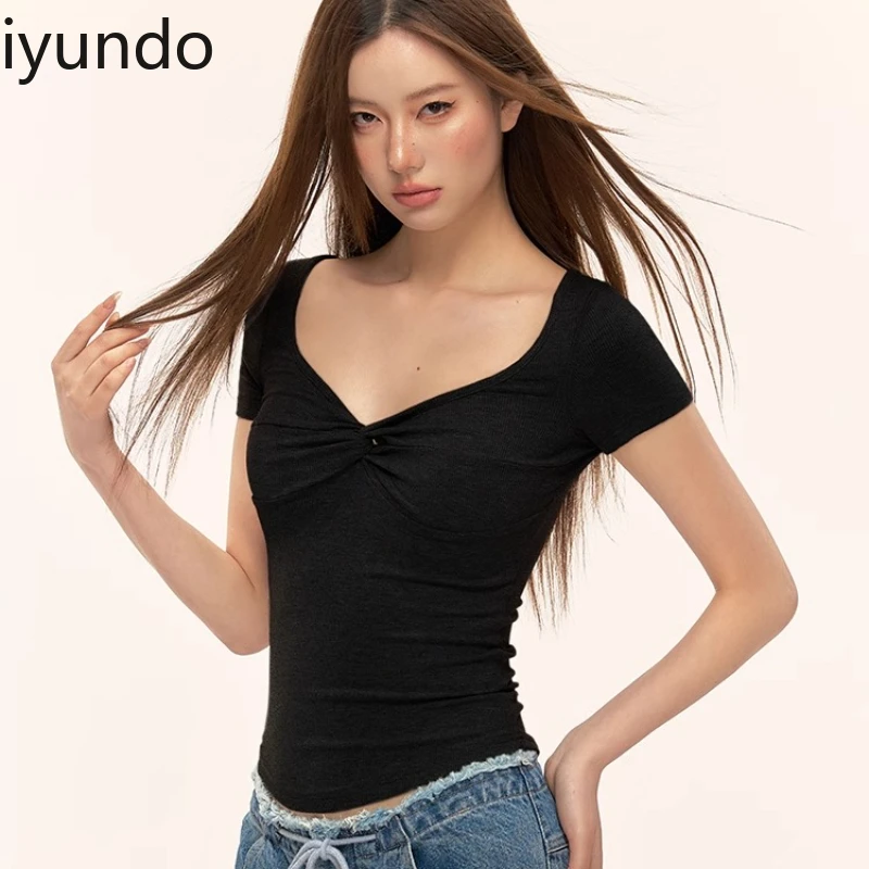 

American Retro V-neck Short Sleeve Women's Top - Summer 2025 New Slimming Fitted Racerback Black Cotton Casual Blouse