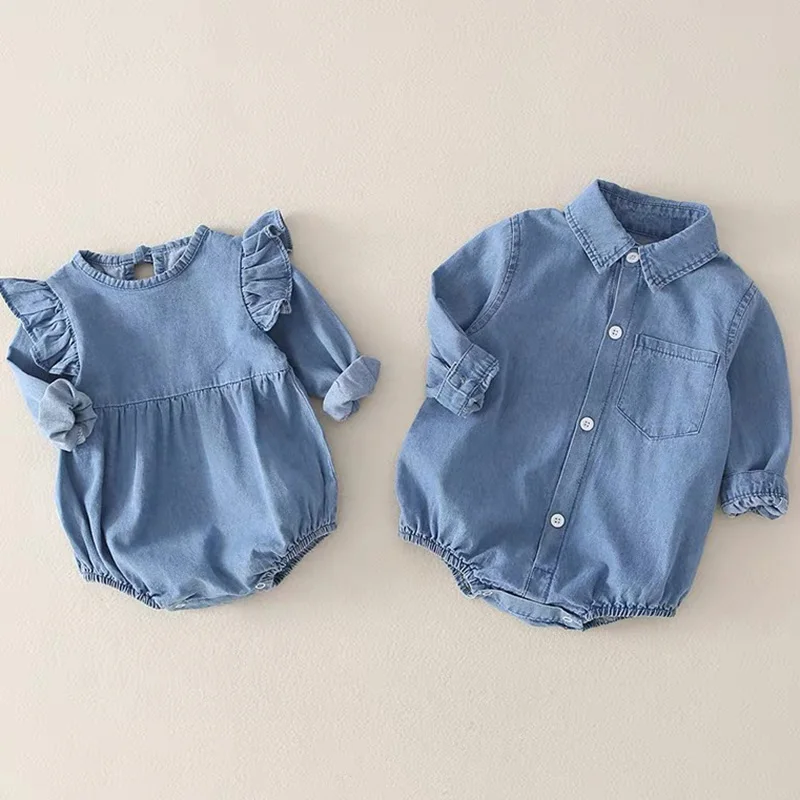 

Autumn Baby Boys Girls Clothing Brother Sister Denim Clothes Infant Boys Girls Jumpsuit Long Sleeved Denim Spring Toddler Romper