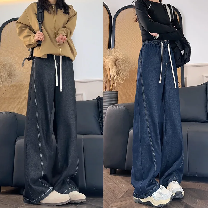 

Spring 2026 Loose Straight Leg American Spliced Jeans ex Casual mid Waist Zipper Closure Stand Fit Jeans HK9673