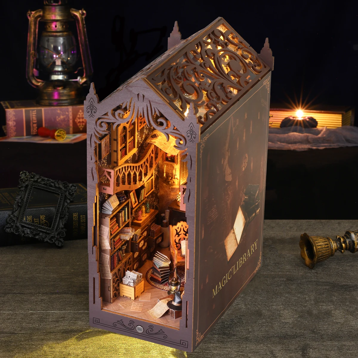 Magic Book Stand Bookshelf Set Miniature Assembly Model Building Dollhouse DIY Handmade Toy Set, Home Bedroom Decoration with Fu