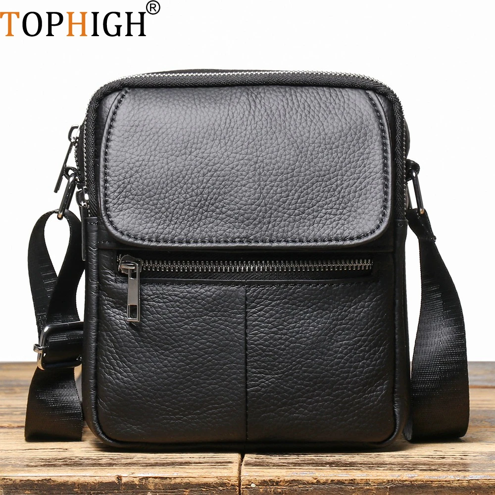 TOPHIGH Newly  Men's Genuine Leather Crossbody Bag High Quality Zipper Pocket Retro Business Messenger Bag For Men