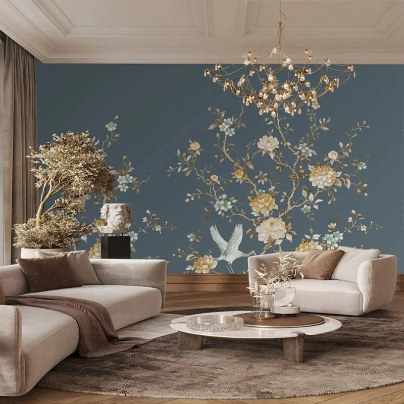 Modern simple and high-end American peony meticulous painting TV luxurious home decoration bedroom background wall