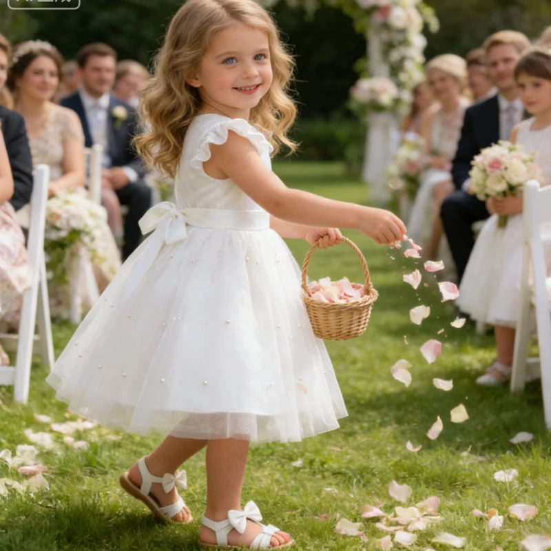 Weiße Mädchen-Partykleider, elegant, große Schleife, Hochzeit, Brautjungfer, Prinzessinnenkleid, Geburtstagsfeier, Festzugskleid, Neujahrsmädchenkleider