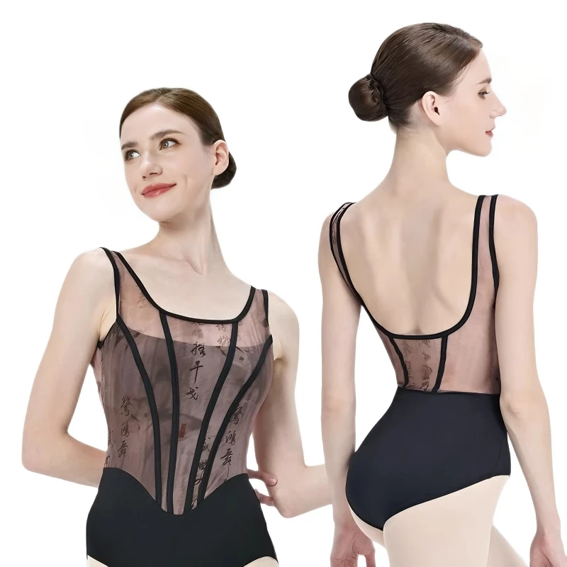 Mesh style Ballet Leotard Cross Back Straps Sheer Gymnastics Bodysuit for Adult Dancers Training